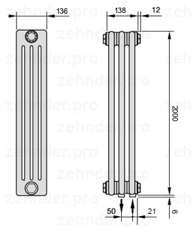 Схема (чертеж) Радиатор Zehnder Charleston 4200/3 №5510 Белый глянцевый RAL 9016